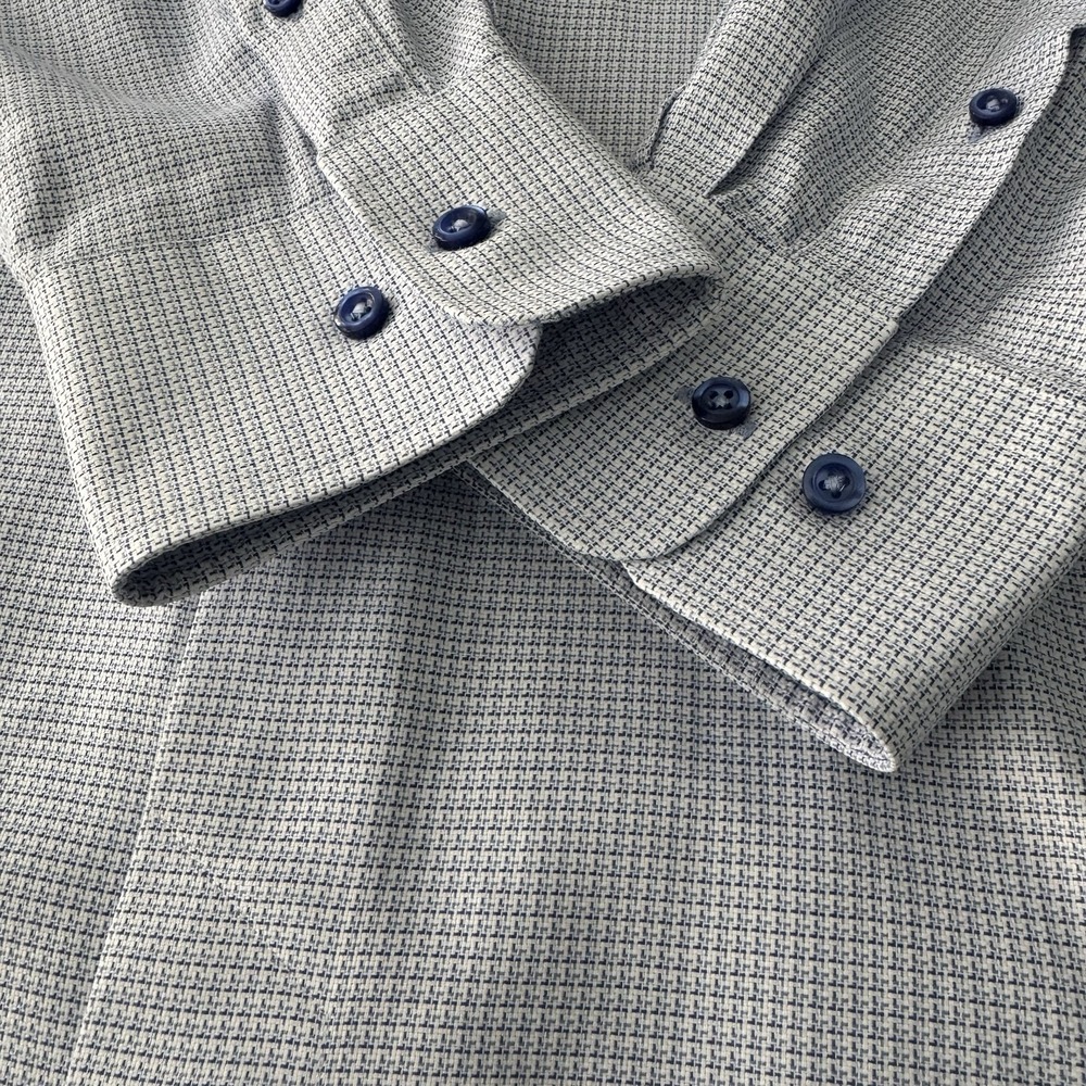 David Donahue Trim Dress Shirt Men XL 17 32/33 White Blue Micro Check Cotton - Picture 4 of 12